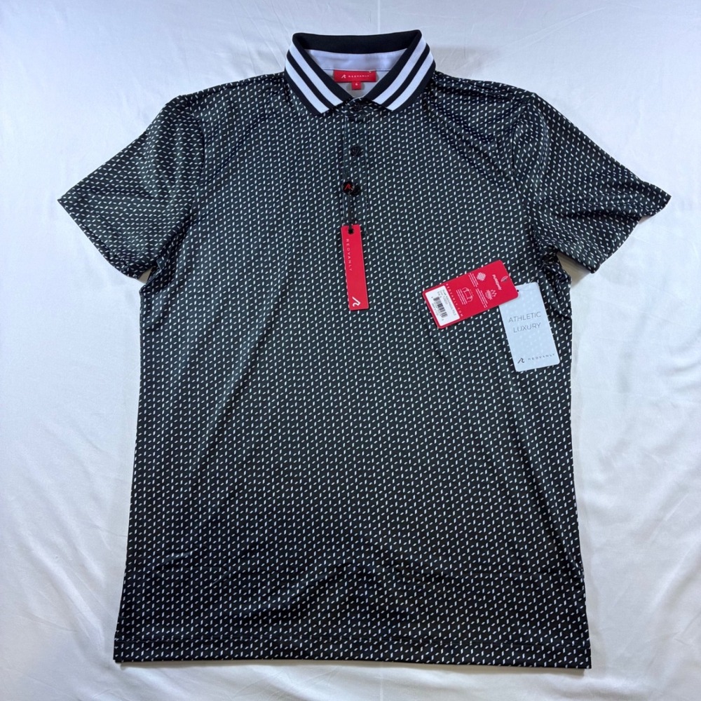Redvanly Pascal Polo Mens Small Black White Geometric Print Golf Shirt R2503 NEW